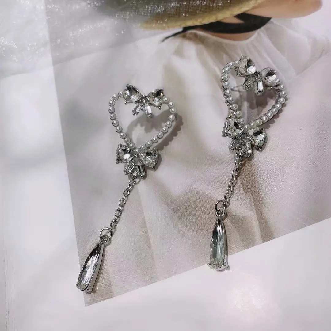 Vintage Imitation Pearl Love Bow Earrings for Teens Women 2021 Trend Korean Long Tassel Crystal Earrings Punk Metal Chain Earrin