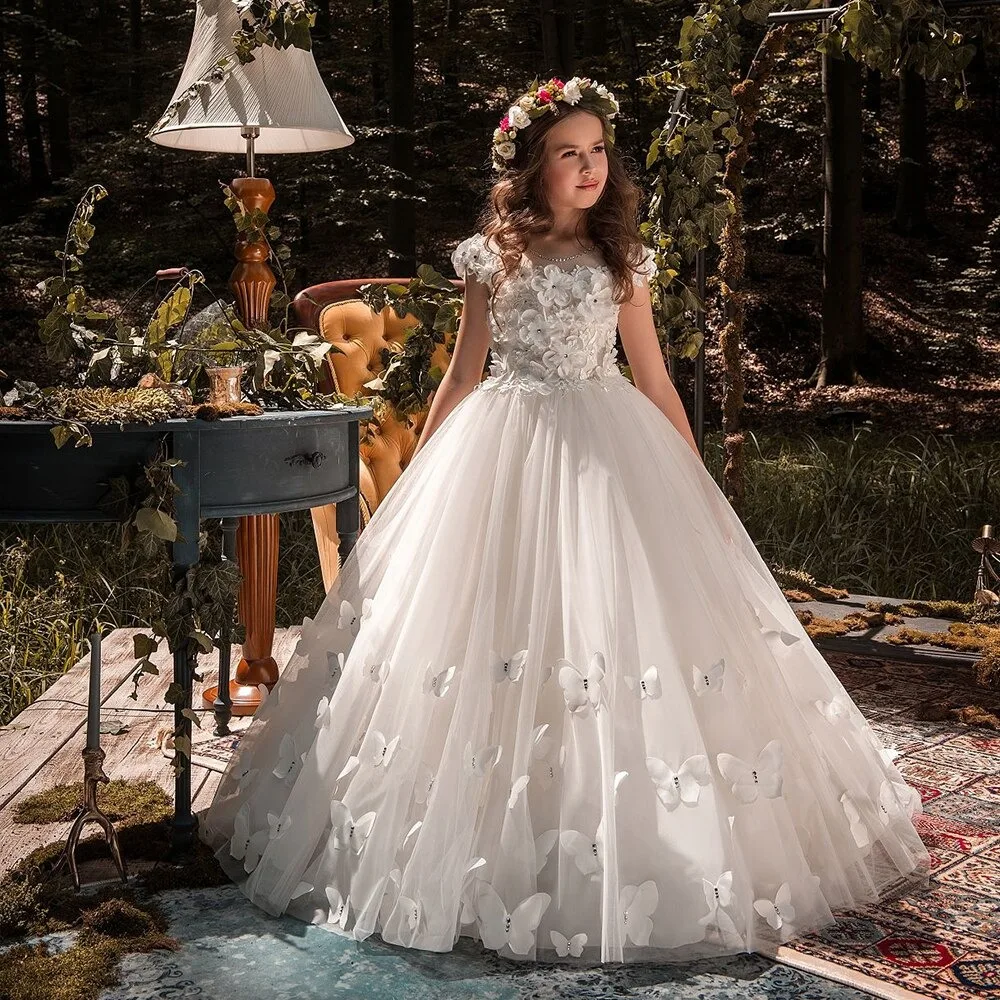 FashionMia White Wedding Flower Girl Dresses Tulle Beading Appliqued For First Communion Kids Prom with Train Birthday Party