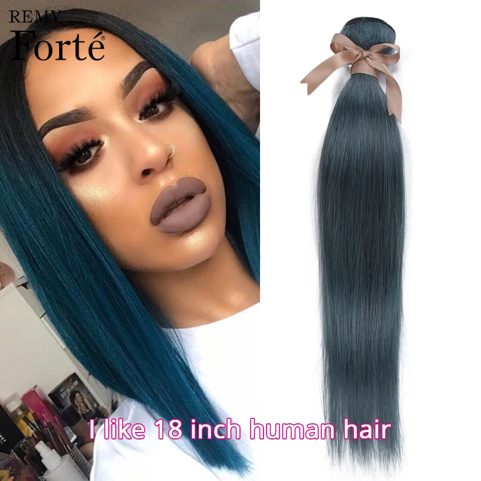 Remy Forte-extensiones de cabello humano liso, mechones de pelo azul, brasileño, Remy