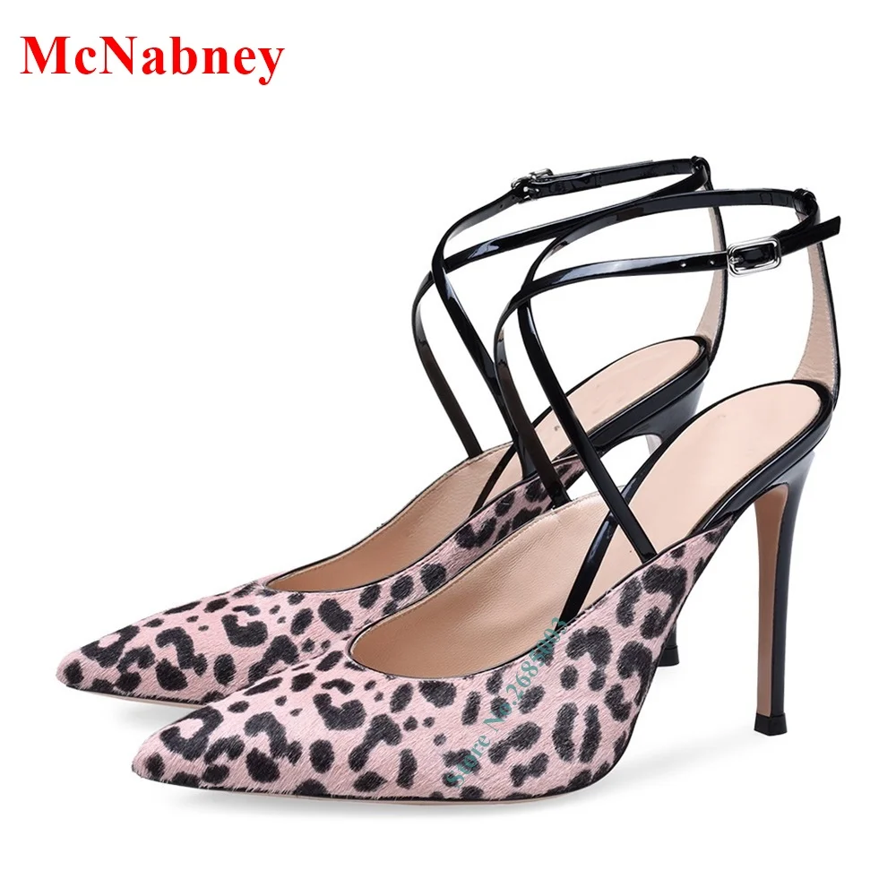 

Pink Leopard Slingback Ankle Pumps Female Pointed Toe Buckle Straps Cross Tied Shallow Thin High Heel Women Party Pumps Summer