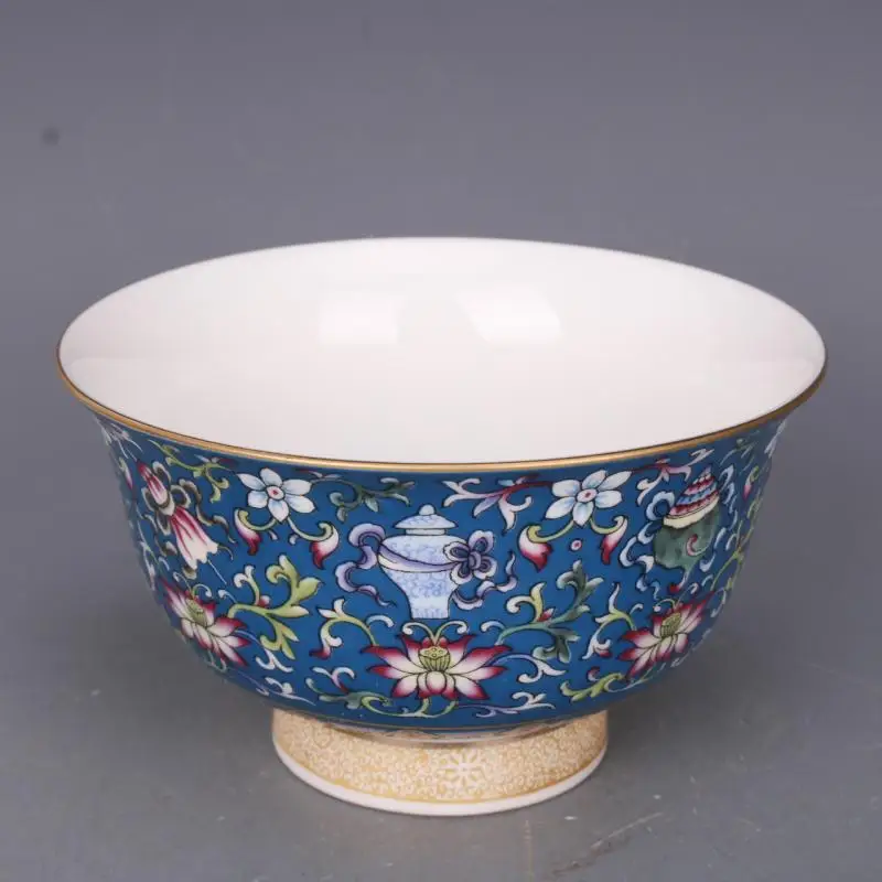 Qing Dynasty Qianlong Blue Ground Pastel Eight Treasures Pattern Bowl Folk Collection Home Antique Tableware Porcelain Antique O