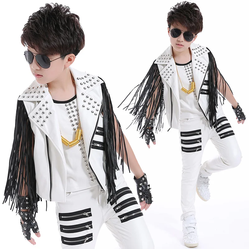 Kids Hip Hop Clothing Fringe Jacket Leather Pants Jazz Drum Performance Costume White/Black/Red Stage Clothes Rave Wear DNV14089