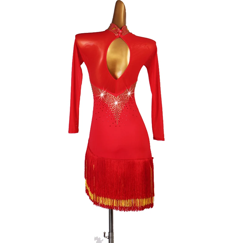 Adulto vestido de dança latina para mulheres vermelho manga longa feminino samba rumba cha-cha treinamento competição roupas