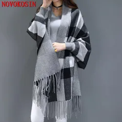 Women Hot Oversize Lattice Scarf Winter Knitted Plaid Poncho Capes Female Batwing Sleeves Tassel Long Wrap Out Streetwear Coat