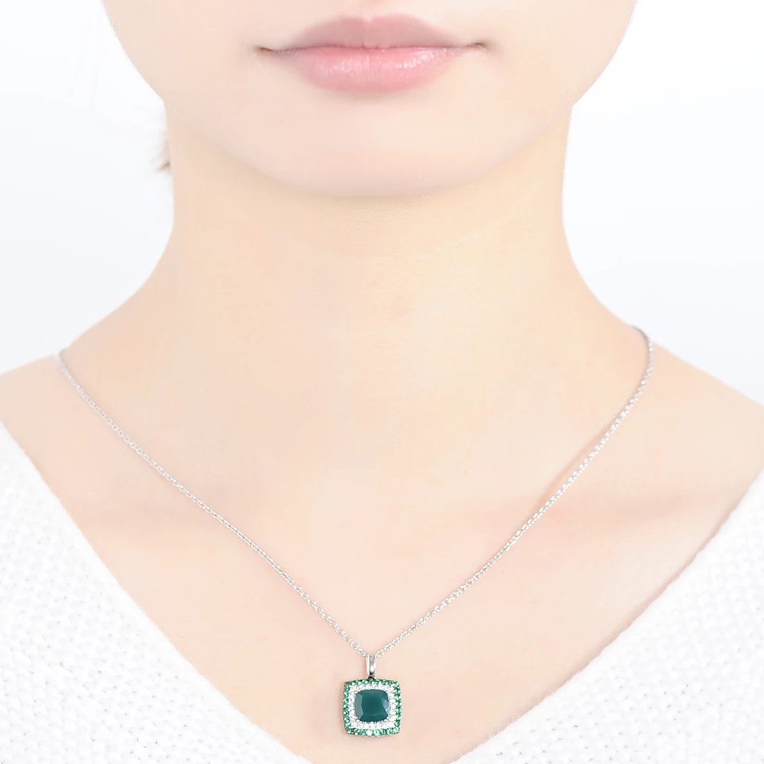 SANTUZZA Genuine 925 Sterling Silver Pendant For Women Square Shiny Green Agate Spinel Blue Cubic Zirconia Party Fine Jewelry