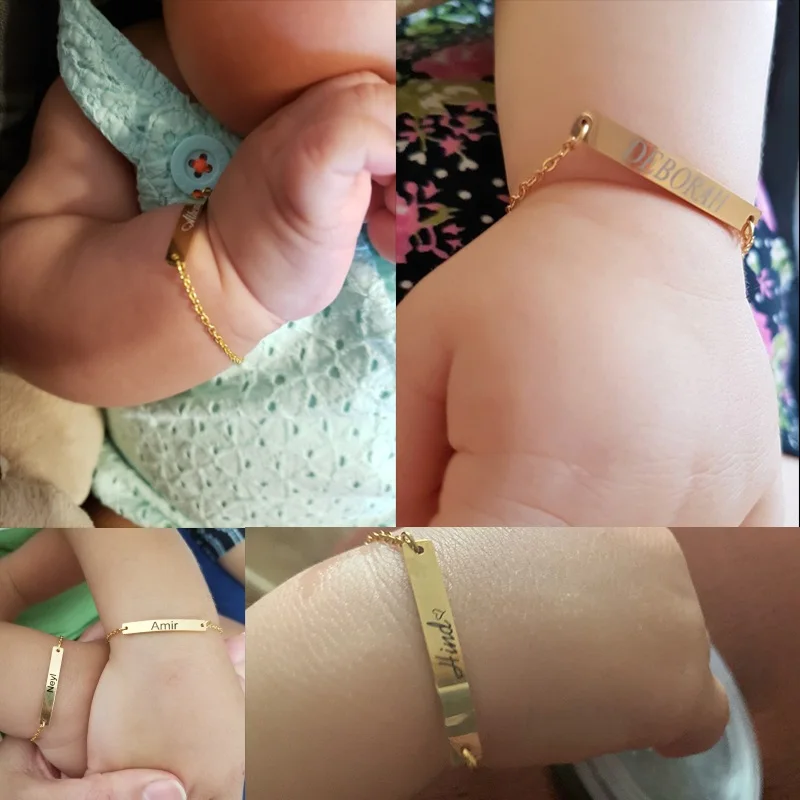 Pulsera personalizada de acero inoxidable con nombre para bebé, brazalete ajustable con identificación para niño y niña, regalos de cumpleaños