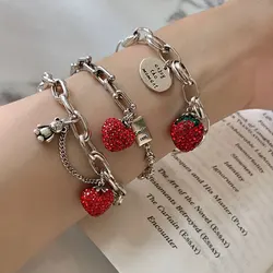 VENTFILLE 925 Sterling Silver Fashion Strawberry Crystal Bear English Tag Bracelet Women's Cold Wind Light Luxury Jewelry