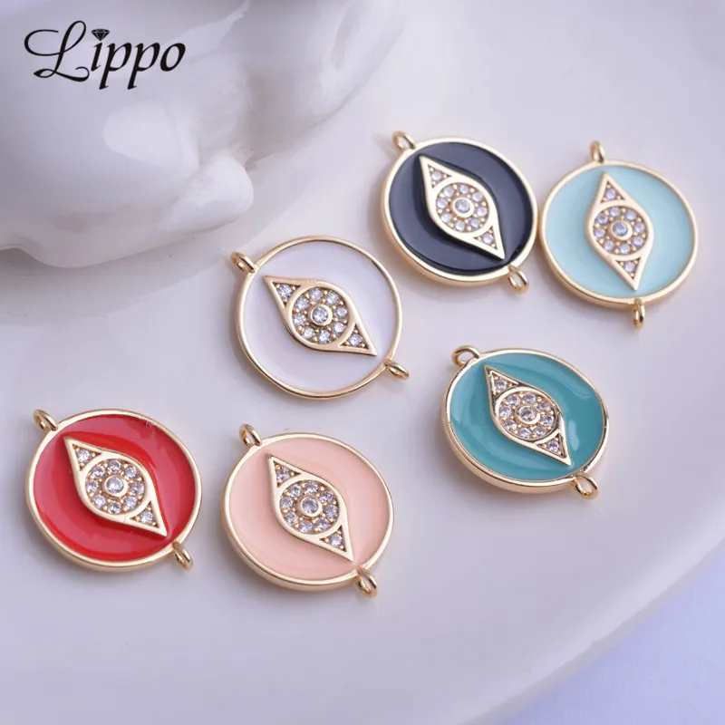 12pcs 14*18mm Copper Round Enamel Connector High-quality Gold Color Zircon Eyes Shape Connector