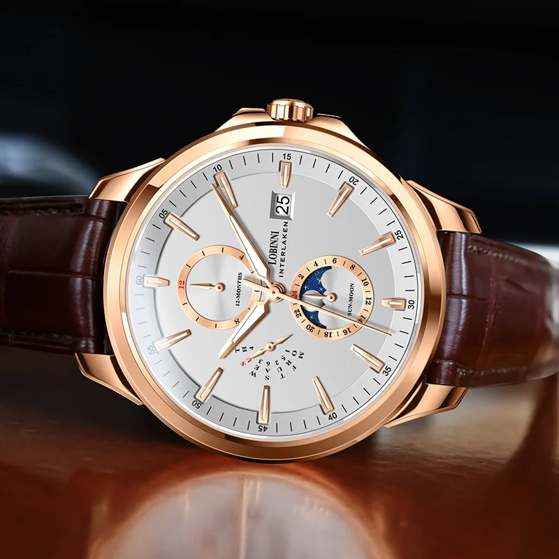 LOBINNI Luxury Switzerland Brand Men's Automatic Mechanical Watches Multi-function Sapphire Crystal Luminous Moon Phase L18019