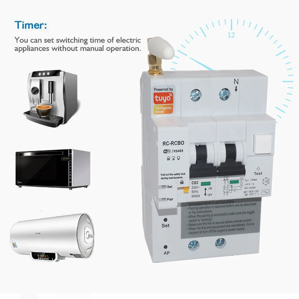 Tuya Smart APP RCBO interruttore automatico con monitoraggio della potenza 2P 16A-100A WiFi RCBO MCB corrente di dispersione protezione da