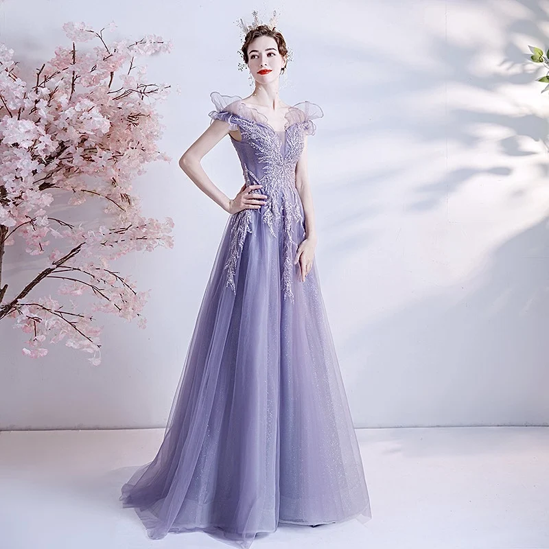 Purple Shining Bridesmaid Dresses Strapless Ruffle Pleat A Line Long Appliques Sequin Wedding Party Prom Gown Boat Neck New 2024