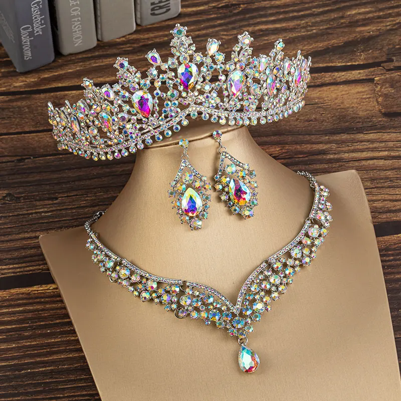 KMVEXO Gorgeous Crystal AB Bridal Jewelry Sets Fashion Tiaras Earrings Necklaces Set for Women Wedding Dress Crown Jewelry Set