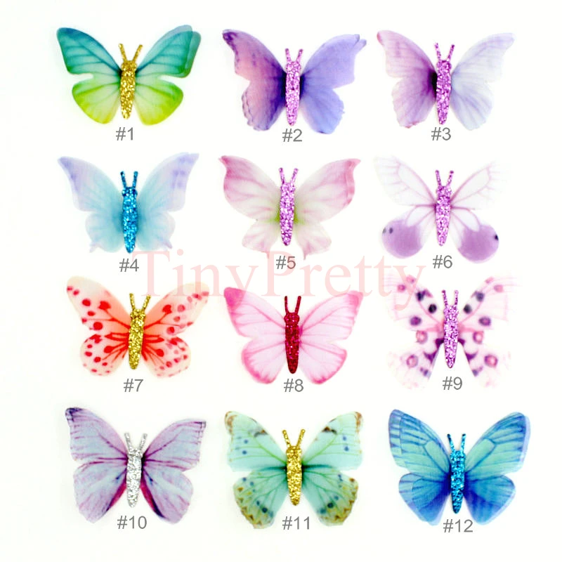 20pcs 50mm Glitter Organza Butterflies Double-layer Printed Butterfly Applique Patches Accessory for DIY Jewelry Making