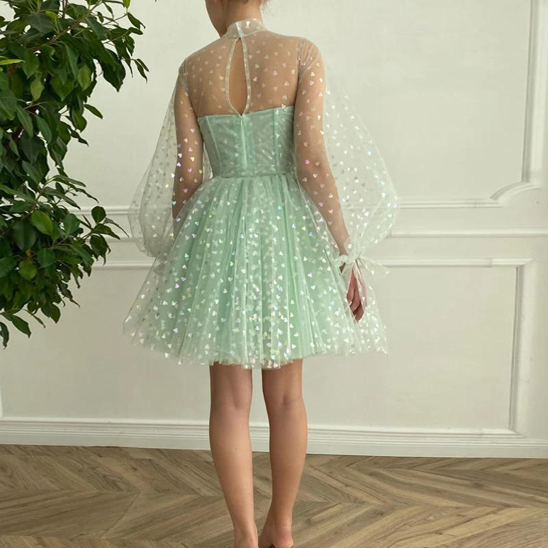 2022 Latest Mint Green Homecoming Dresses Short Cocktail Gowns High Neck Long Sleeves Party  Knee Length Bow Belt