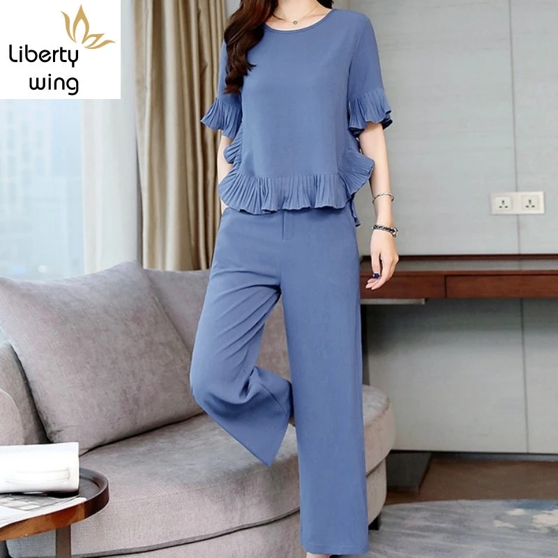 

Summer Office Women Fashions England Short Sleeve Loose Ruffles Top T-Shirt Wide Leg Pants 2 Piece Set Plus Size