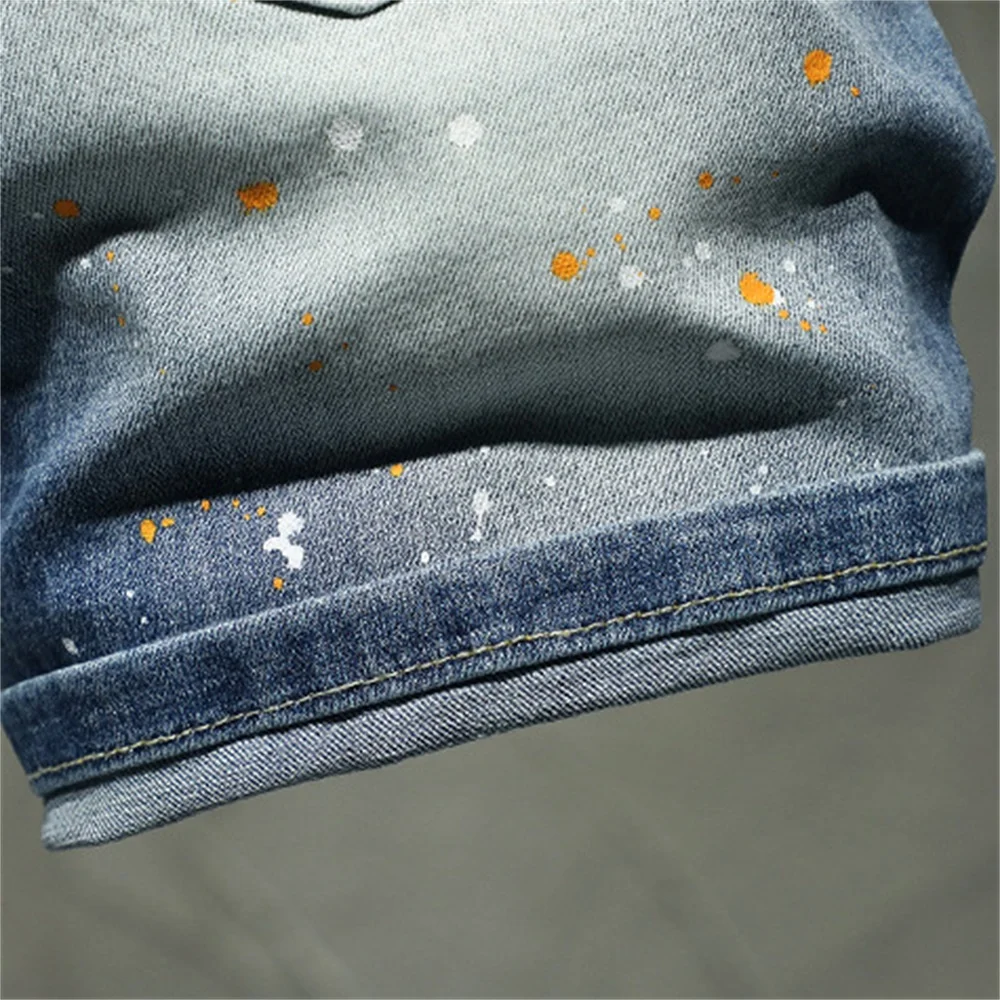 EH·MD®Scratch Denim Shorts Men's Hole Five-Point Pants Pure Cotton Slim Retro Spray Paint White 2020 New Breathable Soft Stretch