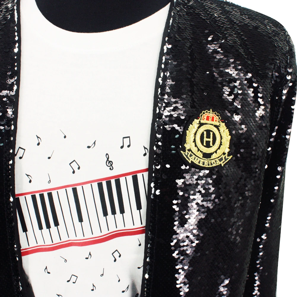 Classic MJ Retro Michael Jackson Billie Jean Black Sequins Jacket Tops Costume in 1990\'s