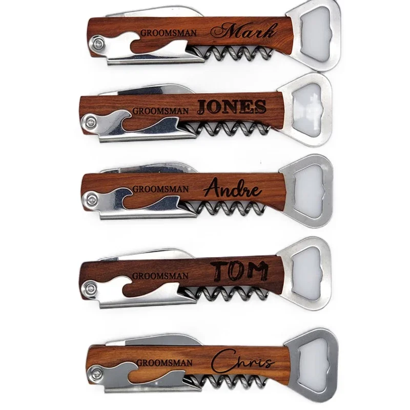 Personalized Wedding Party Favor Custom Engraved Wood Wine Corkscrew & Beer Bottle Opener Wedding Gifts For Guests