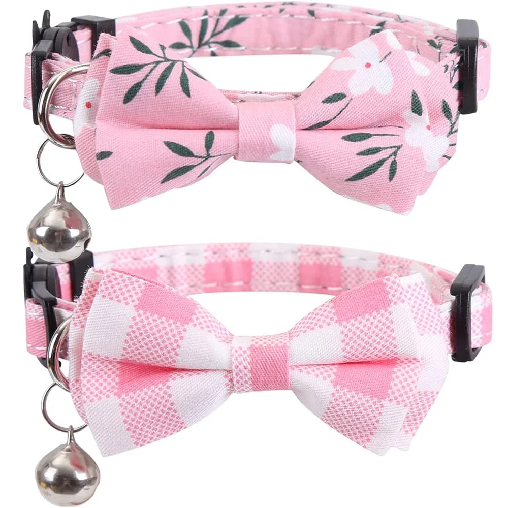 

Breakaway Pink Cat Collar with Bell and Bowtie Floral Patterns Adjustable Safety Plaid Kitten Collars for Kitty Pet Small Dogs