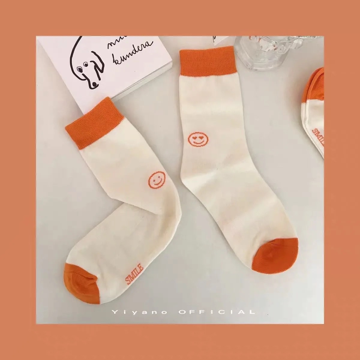 

Autumn and Winter Orange Smiley Casual Sports University Style Fashionable Breathable Mid -Length Women 's Socks