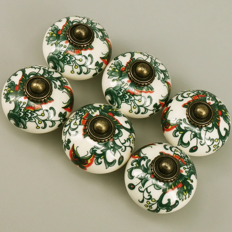 6PCS Vintage Ceramic Knob Butterfly Printed Kitchen Cabinet Cupboard Door Round Knobs Dressser Wardrobe and Drawer Pull