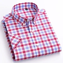 Short Sleeve Cotton Shirts Patch Pocket Summer Casual Slim-fit Button-down England Style Soft Thin Plaid Stripe Shirt