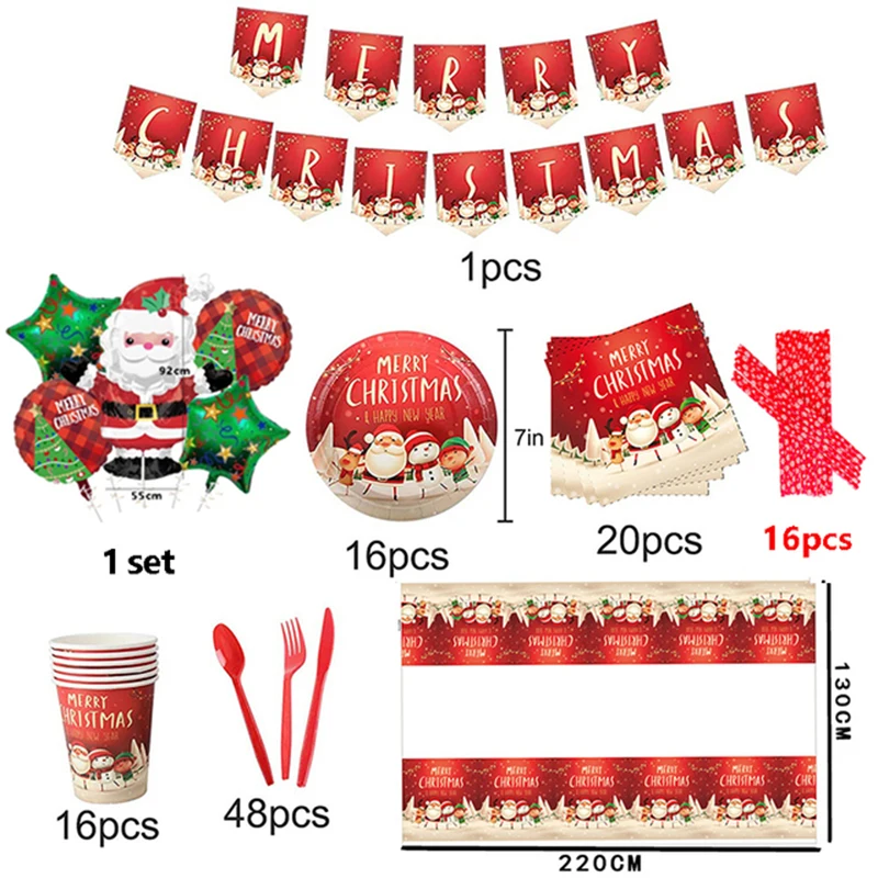 134pcs Christmas Party Decoration Supplies Disposable Tableware Set Home Table Decor Foil Balloons Kid Boy Baby Shower Party Kit