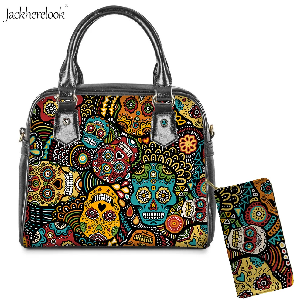 Jackherelook 2Pcs/set Sugar Skull Print Shoulder Messenger Crossbody Bag and Wallet PU Leather Top-Handle Bags & Purse for Women