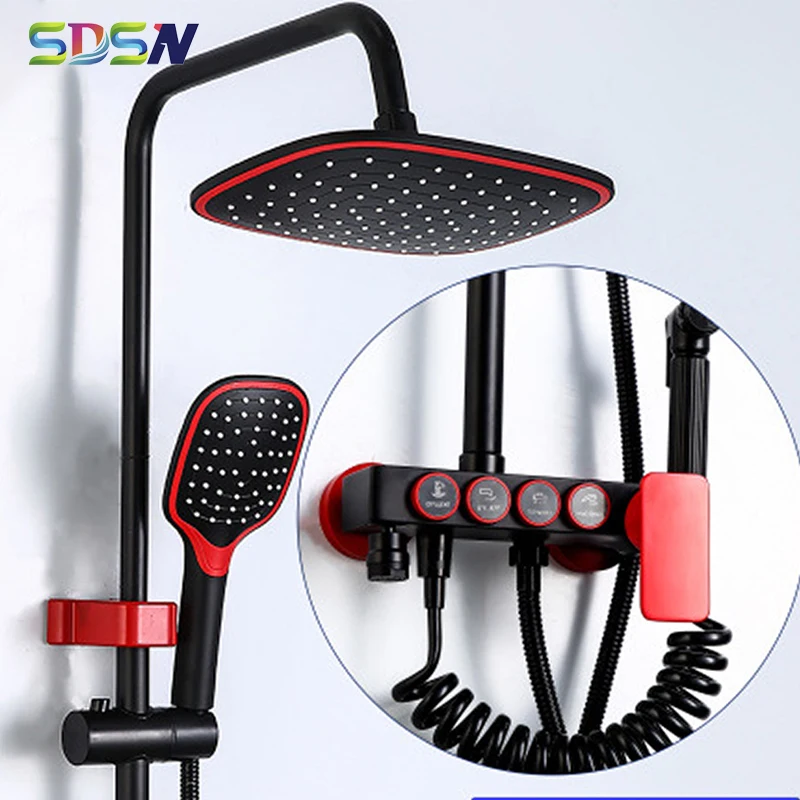 Red Bathroom Shower Set with 8 Inch Rainfall Shower Head Brass Bathroom Mixer Faucet Four Function Red Black Bath Shower Set