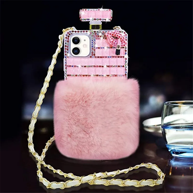 Bling Kiss Diamond Fluffy Fur Perfume Bottle Leather Chain Case Cover For Iphone 15 14 13 12 Mini 11 Pro XS Max XR X 8 7 Plus SE