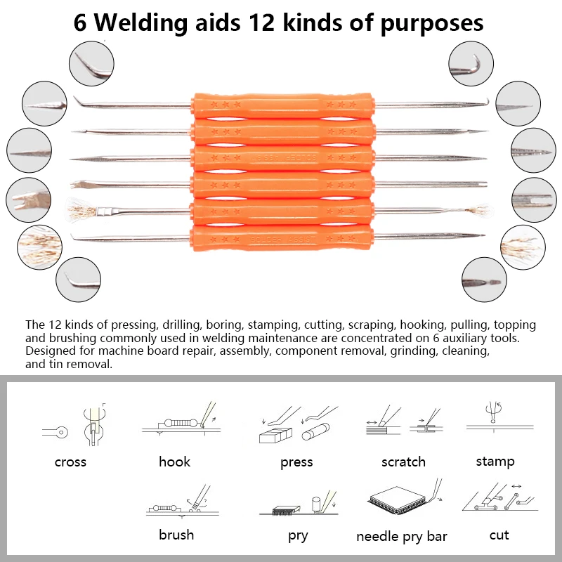 6 pçs desoldering kit de ferramentas de auxílio de solda auxiliar ferramentas pcb kit de limpeza ferramenta de reparo eletrônico calor auxiliar conjunto