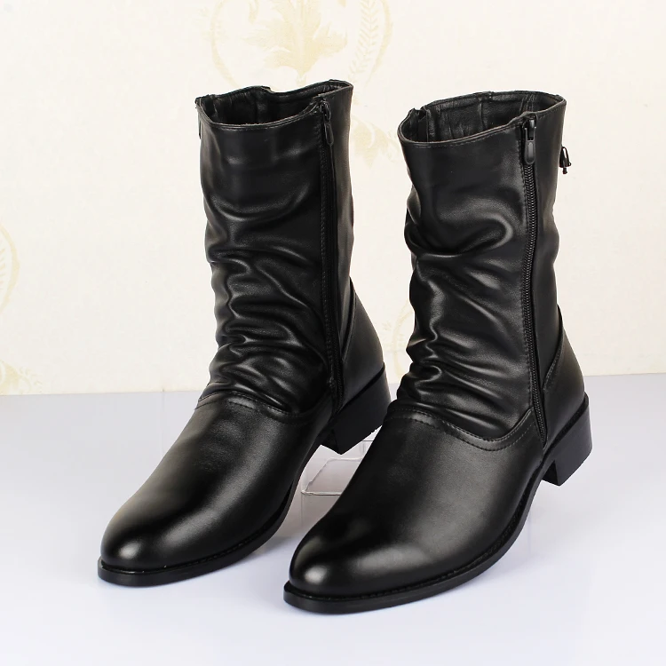 Winter Pointed Toe Mens Mid-calf Boots Increased To Leather Men\'s Boots Long Tube Mens Winter Boots