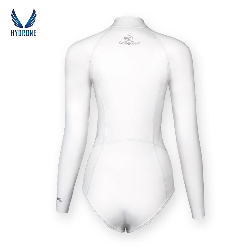 SaveOcean White Spring Suit Women‘s Freediving Wetsuit 2mm Neoprene Long Sleeve Front Zipper Bikini Bodysuit Surf Suit Swimwear