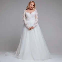 Customized Weilinsha Plus Size A-Line Bridal Gowns 2023 Sexy V-neck High Quality Appliques Lace Court Train Long Sleeve Wedding