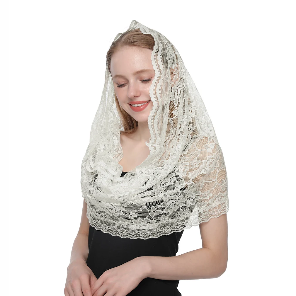 Embroidered Scarf for Church Round Veil Polyester Shawl in Church Spanish Mantilla Lace Floral Solid Color Women Prayer Shawls