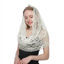 Lenço bordado para igreja, véu redondo, xale de poliéster em espanhol Mantilla, floral de renda monocromática, xales de oração