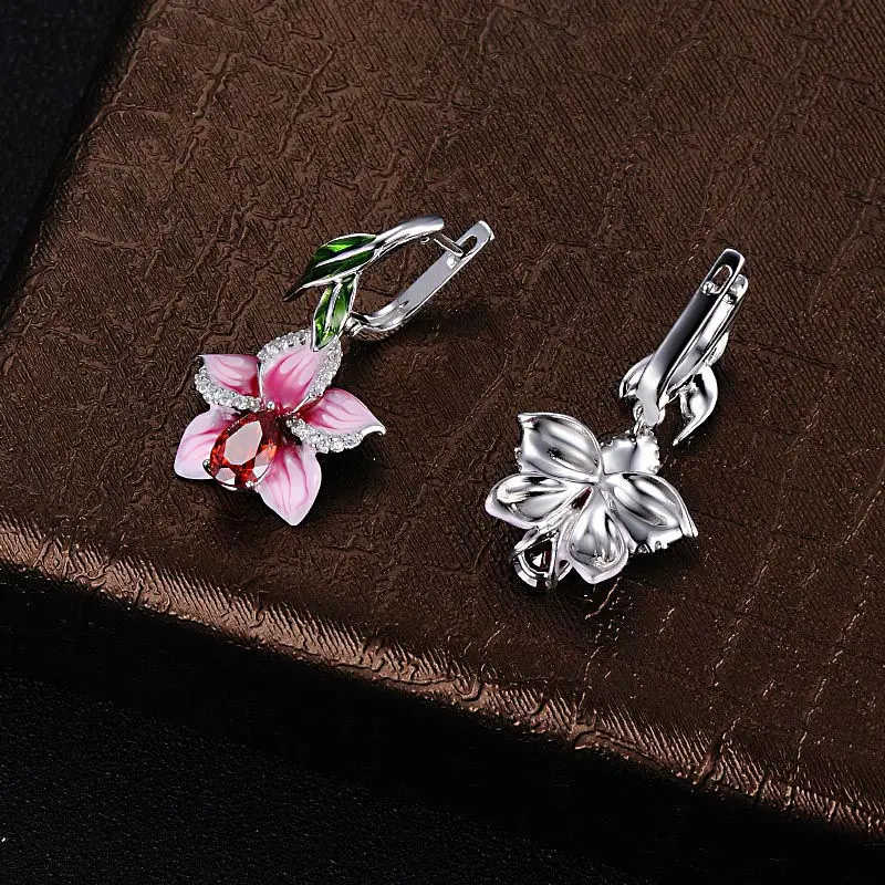 KOFSAC Latest Hot Lady Jewelry Sets Silver 925 Earrings Women Romantic Pink Flower CZ Necklaces Rings Girl Valentine\'s Day Gifts