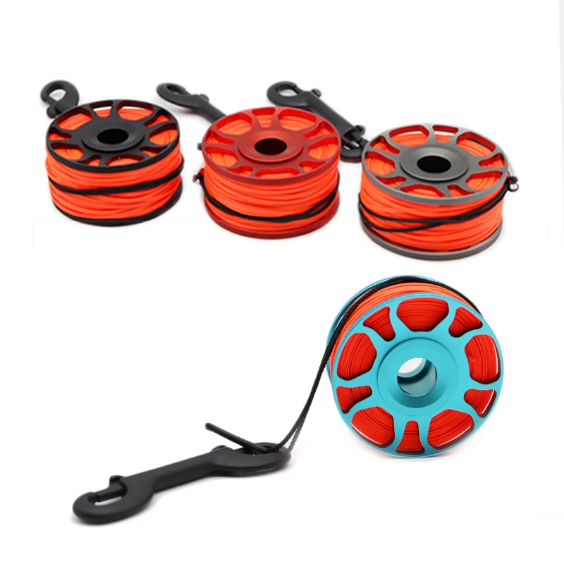 50m Scuba Diving Reel Aluminum Alloy Spool Finger Reel +Reel Sleeve Ring Stainless Steel Bolt Snap Hook SMB BCD Accessories