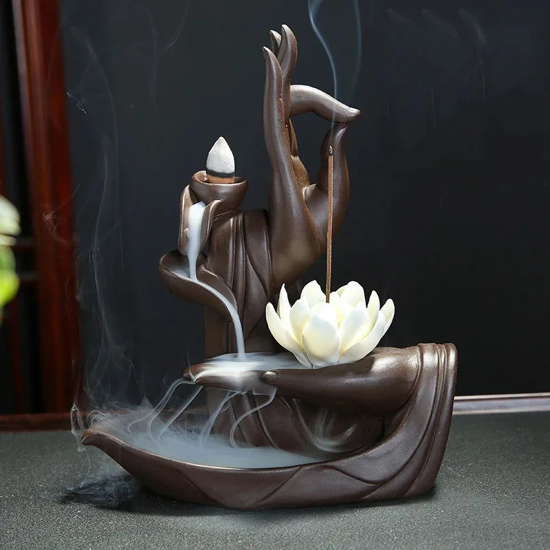 Backflow Incense Burner Ceramic The Monk Buddha Hand Holder Bigger Tower Censer Incense Cones Smoke