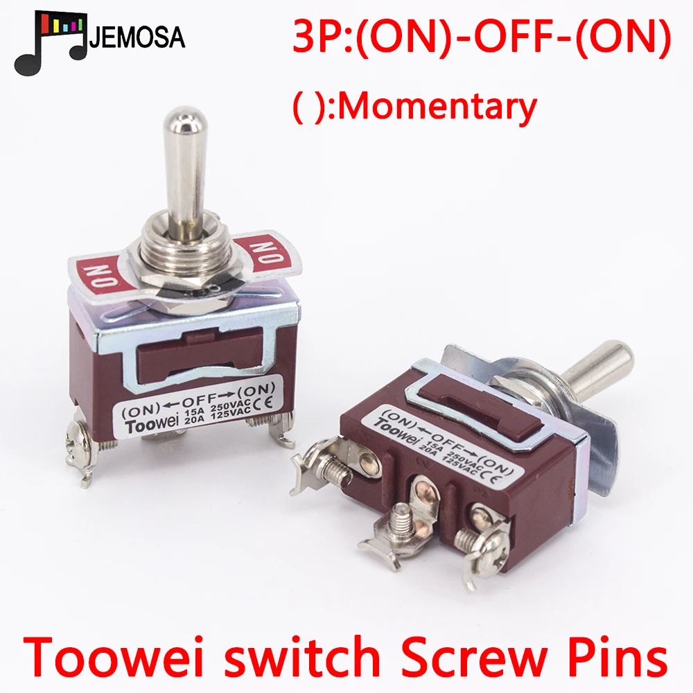 1PC Toowei 3pins momentary toggle switch (ON)-OFF-(ON) 15A 250V/ 20A 125V SPST/ Assembly hole 12mm Scraw contact AC Power Switch