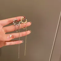 Boucles d'oreilles à Clip multicouches de luxe pour femmes, géométrique brillant, perle de Zircon, os d'oreille, sans perçage, longue chaîne, pompon 2