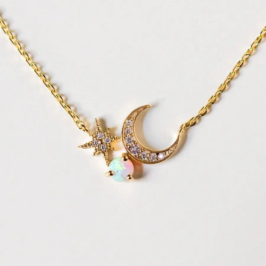 fine 925 sterling silver women girl gift jewelry Gold plated CZ opal gemstone cute lovely moon star silver necklace