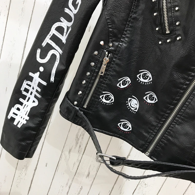 FMFSSOM Spring  Women Faux Leather Jacket Turn-Down Collar Letter Print Epaulet Rivet Zipper lady letter vintage Biker Outerwear