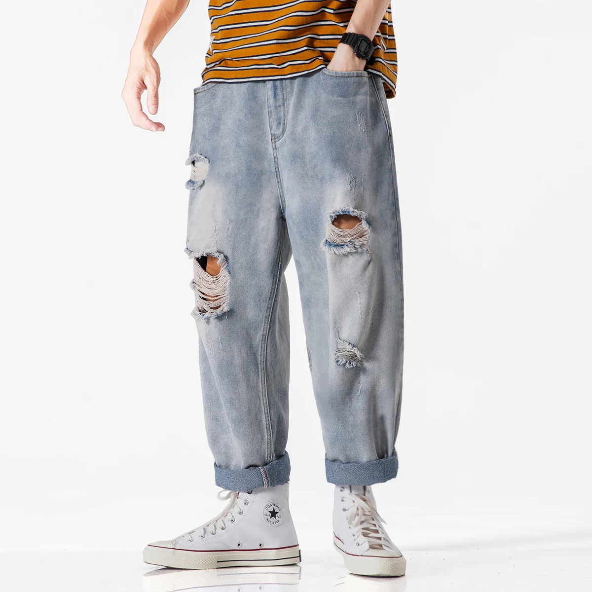 

Ripped Loose Straight Jeans Men's Light Blue Denim Trousers Plus Fat Big Size Trendy Summer Autumn Street Personality Pants