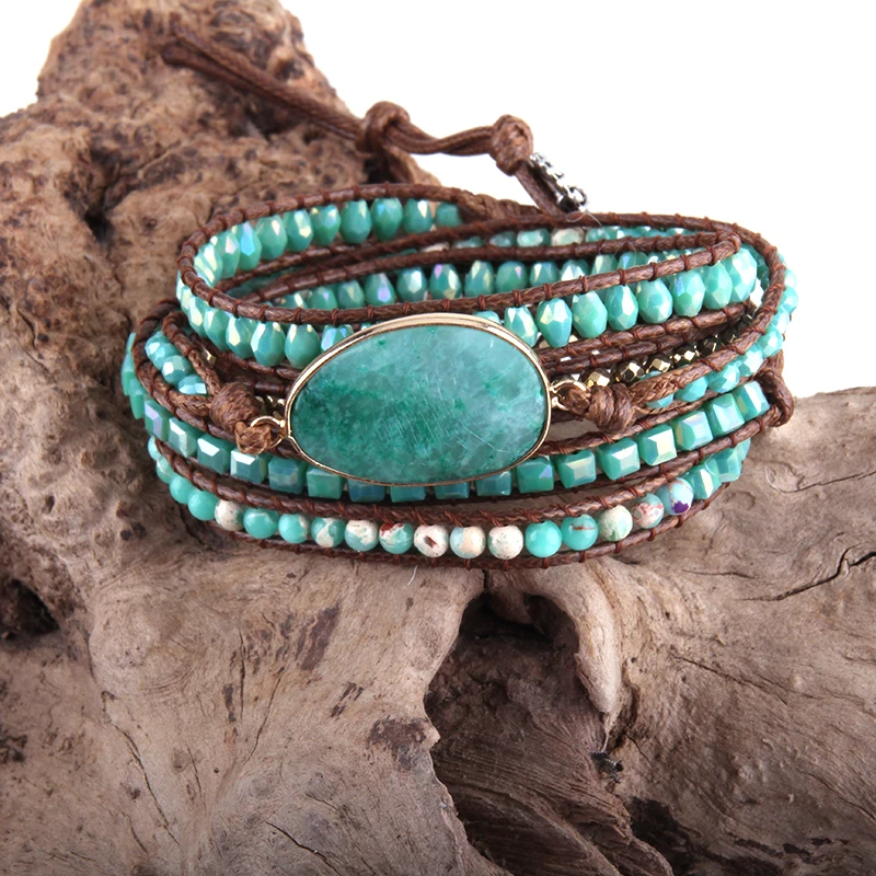 RH Fashion Leather Boho Armbander Green Mixed Natural Stones Charm 5 Strands Beaded Wrap Bracelets DropShipping