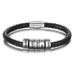 Black Genuine Leather Bracelet Customized Personality Men Jewelry Engrave Family Name Stainless Steel Bangle Men Women Gifts