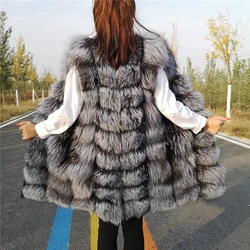 Women's Real Natural Silver Fox Fur Vest, Plus Size, Long, Winter Sleeveless Jacket, Female Red Vests