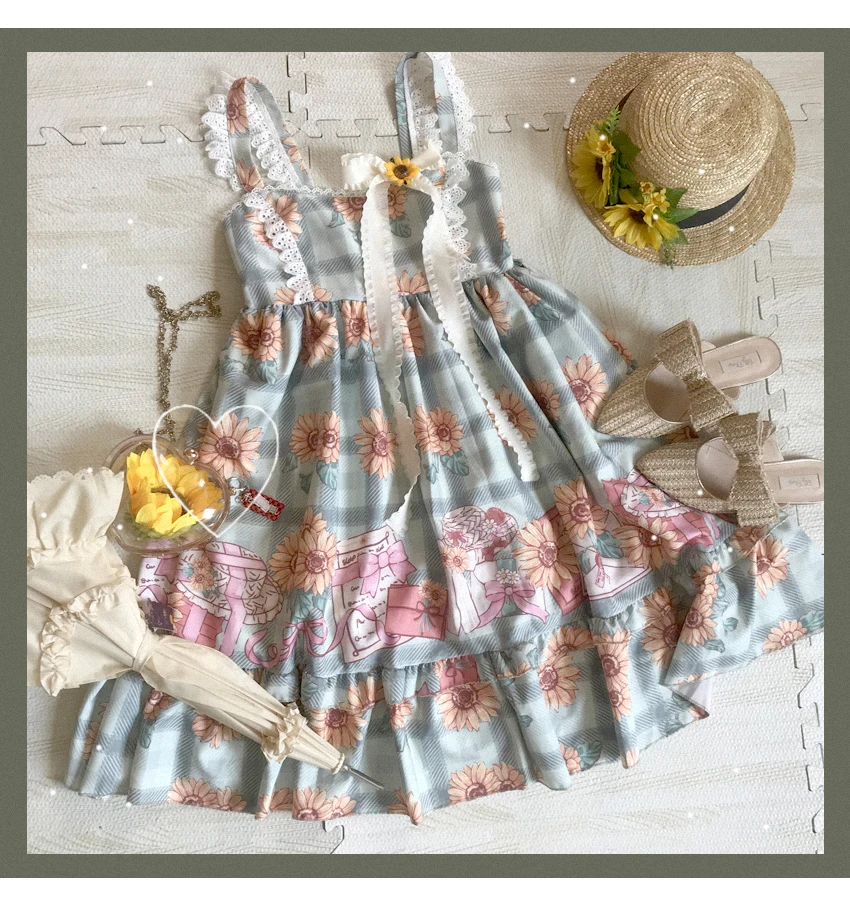 Retro Plaid Sunflower Sweet Cute Printing Summer Sling Lace Lotus Leaf  High Waist Lolita Dress Soft Girl Cosplay Cos Loli