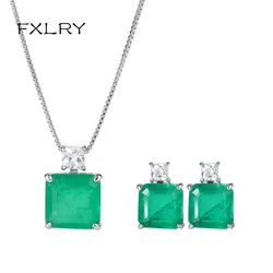 FXLRY Fashion Simple Green Cubic Zirconia Square Drop Earring And Pendant For Women Wedding Jewelry Sets