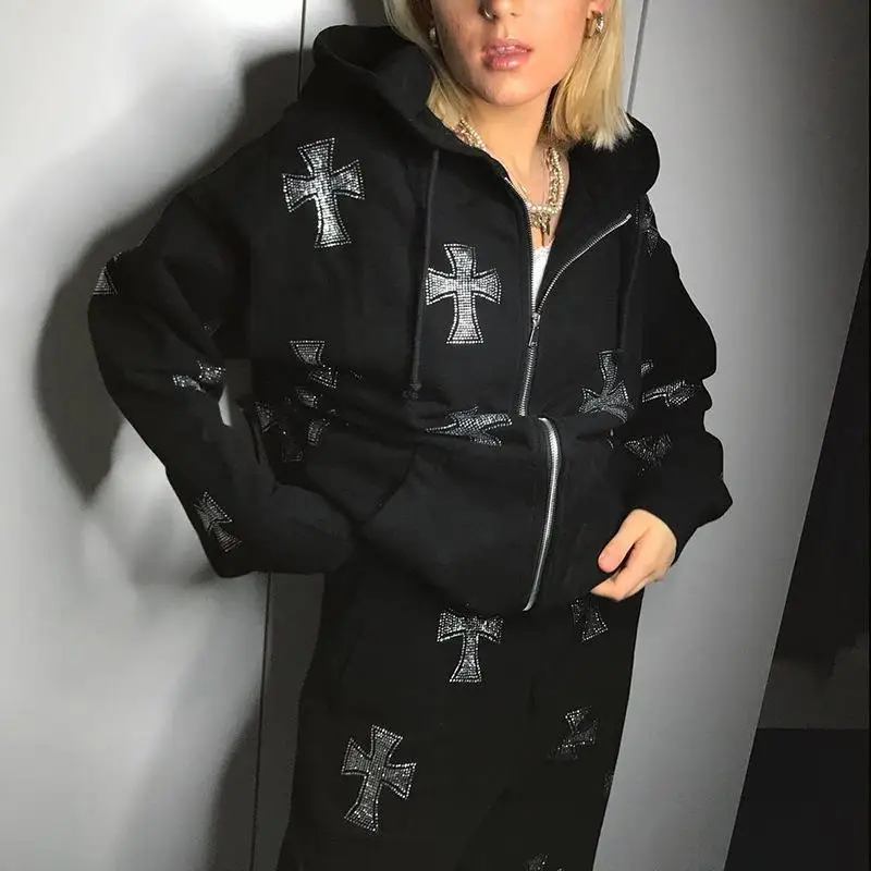 Y2k Rhinestone Gothic Oversized Hoodies Women Men Hip Hop Joggers Sweatshirt Zipper Punk Jacket+Pant Suit Retro Tracksuit Outfit